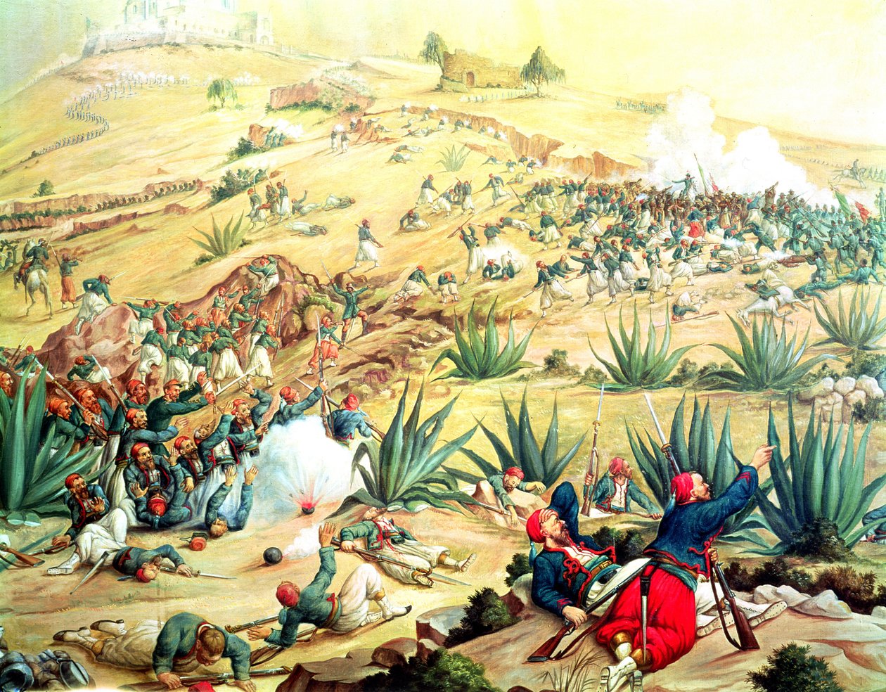 A Batalha de Puebla, 5 de maio de 1862 (petróleo) de Mexican School