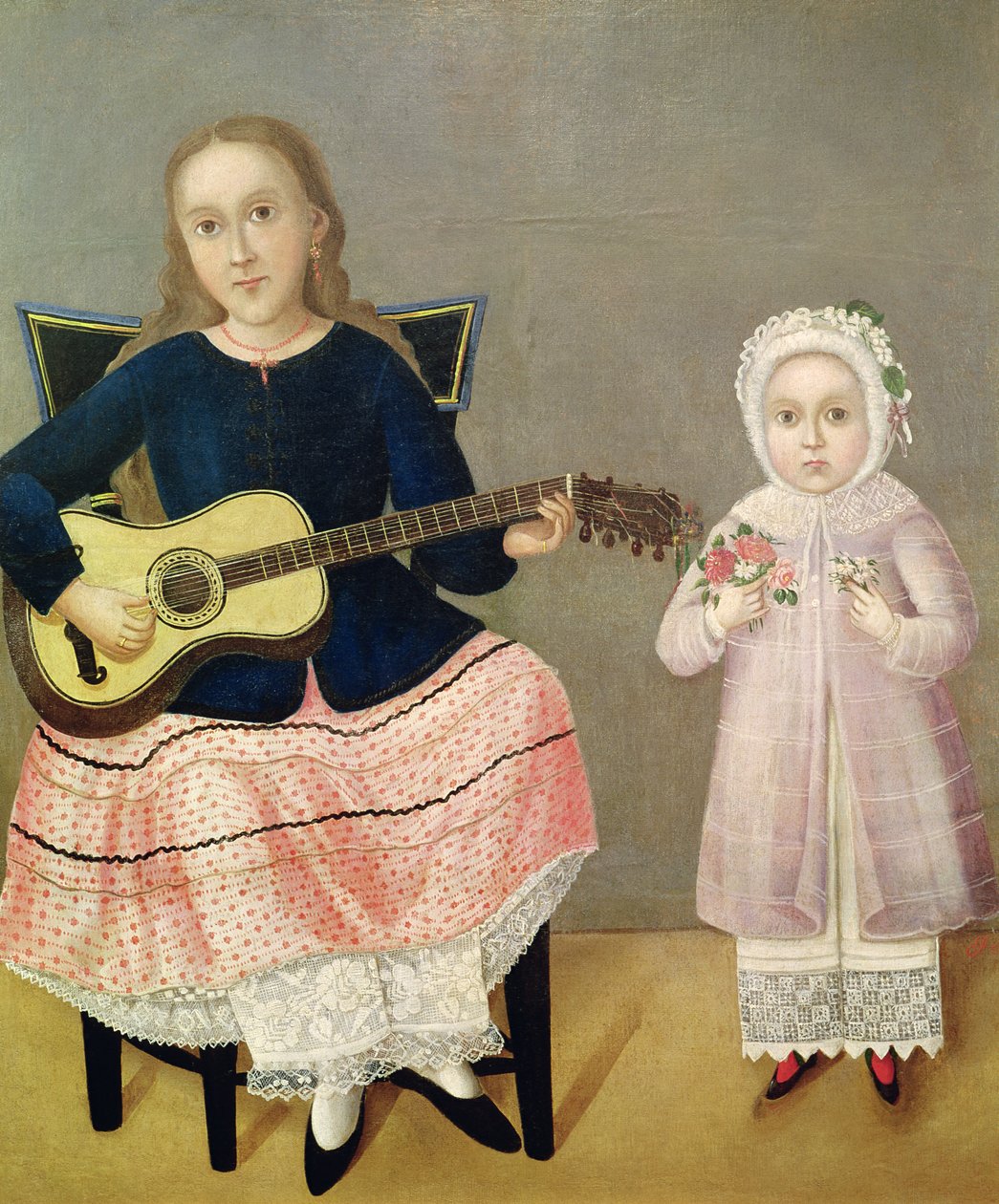 Menina jovem, com, um, guitarra, e, criança, com, um, buquet de Mexican School