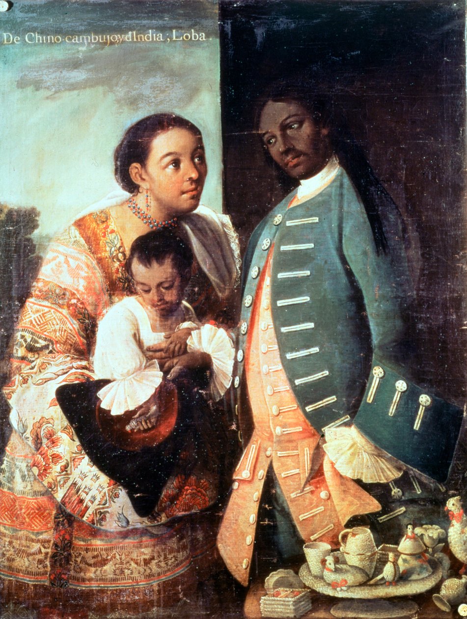 Um mestiço e a sua esposa indiana Lobo e o seu filho, de uma série sobre casamentos de raças mistas no México (óleo sobre tela) de Mexican School
