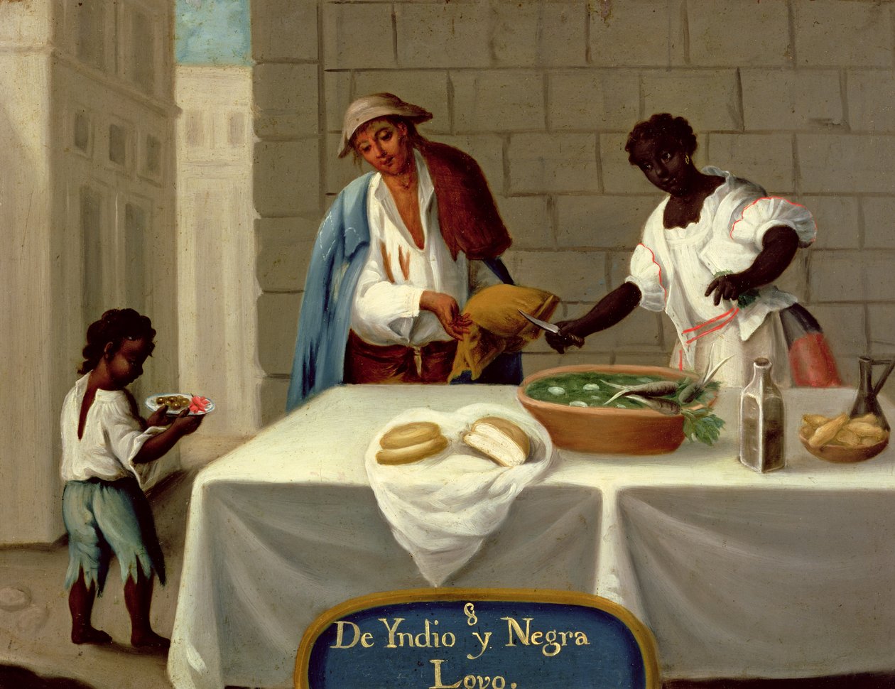 Um homem índio americano e a sua mulher negra, de uma série sobre casamentos entre raças mistas no México de Mexican School