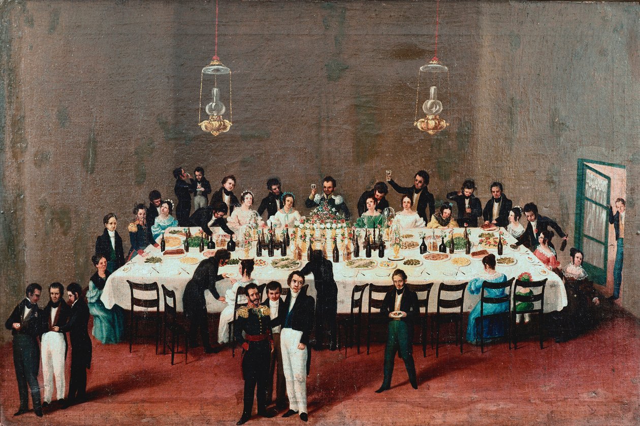 Banquete em homenagem ao General Antonio Leon em Oaxaca, México Pintura da escola popular mexicana do século XIX. Cidade do México, Museu Histórico Nacional de Mexican School