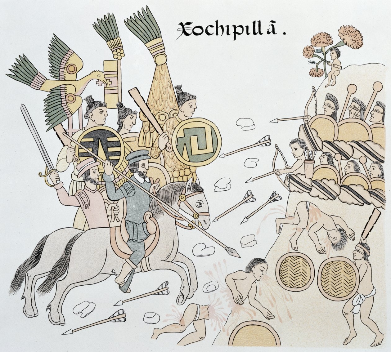 Batalha de Xochipilla entre os espanhóis e os astecas, ilustração de um fac-símile de uma história de imagem indiana mexicana Lienzo de Tlaxcala de c.1550, 1892 de Mexican School