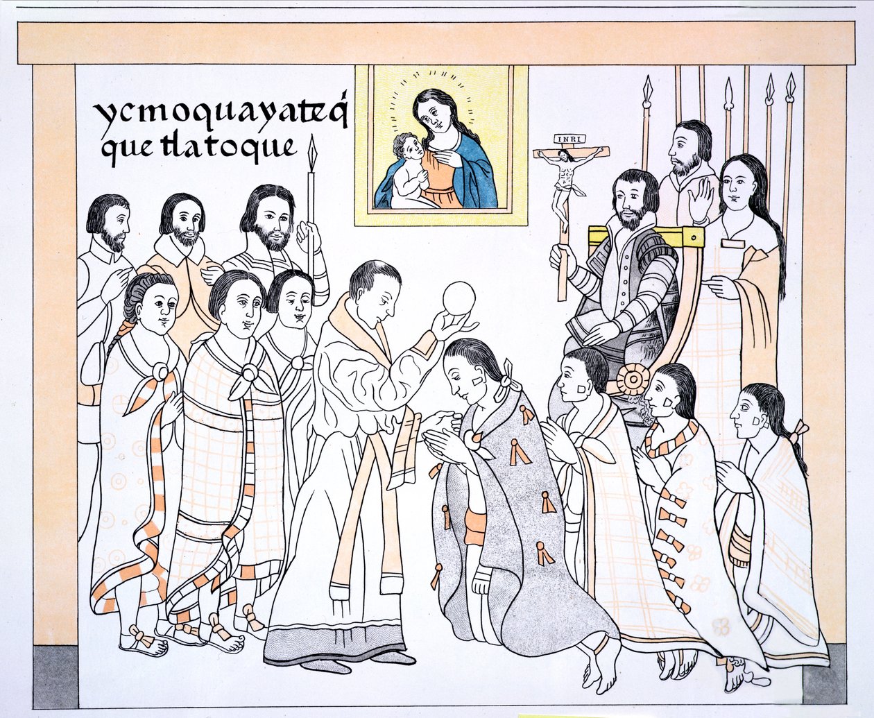 Caciques recebendo a comunhão de um padre na casa de Hernando Cortes (1485-1547), ilustração de um fac-símile de uma história de imagens de um índio mexicano Lienzo de Tlaxcala de c.1550, 1892 (cor acesa de Mexican School