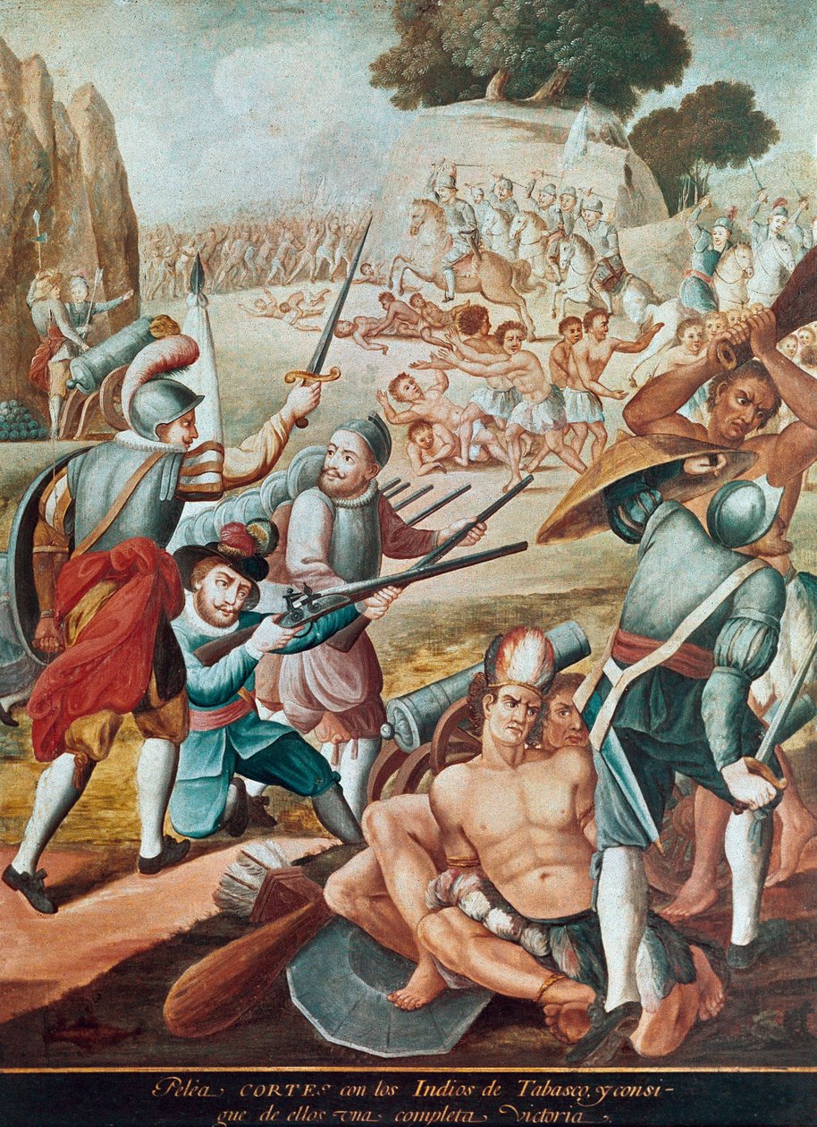 Conquista do México: batalha entre Hernando Cortes (Hernan Cortez) (1485-1547) e os índios Tabasco em 1519" Pintura da escola mexicana de Mexican School