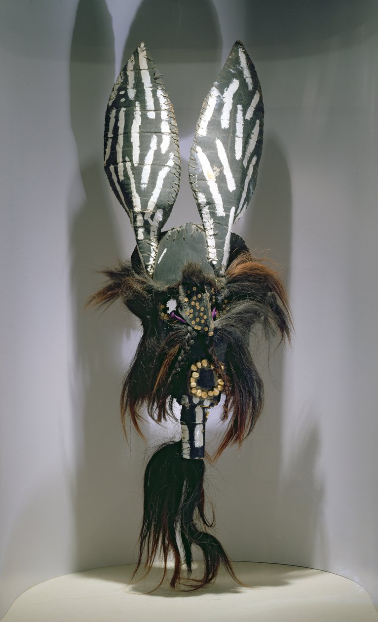 Máscara para fantasias usada pelos povos zapotecas da região de Oaxaca, México (mídia mista, cabelo e couro) de Mexican School