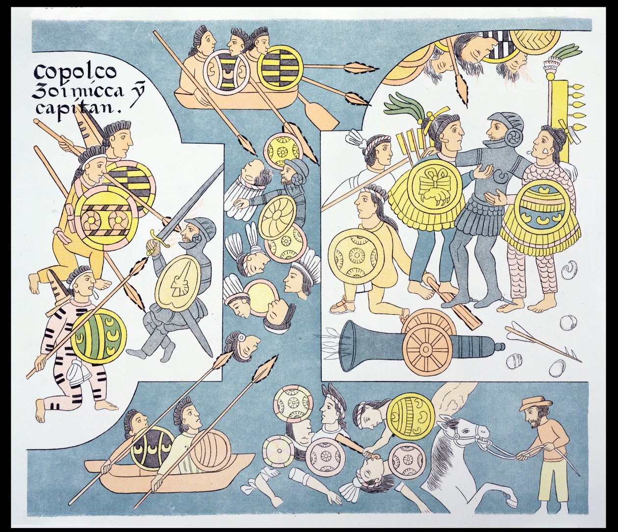 Batalha final entre Hernando Cortes (1485-1547) e Cuauhtemoc em Tenochtitlan, agosto de 1521, ilustração de um fac-símile de uma história de imagem indiana mexicana Lienzo de Tlaxcala de c.1550, 1892 (colo de Mexican School