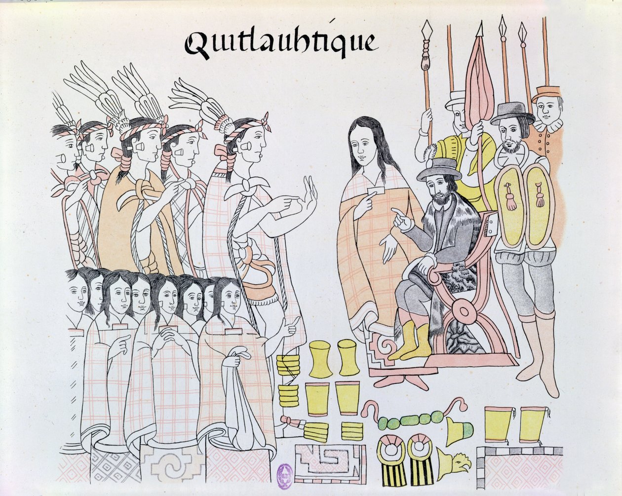 La Malinche (Dona Marina) atuando como intérprete durante a apresentação de mulheres e ouro por Montezuma (1466-1520) para Hernando Cortes (1485-1547) ilustração de um fac-símile de um índio mexicano pict de Mexican School