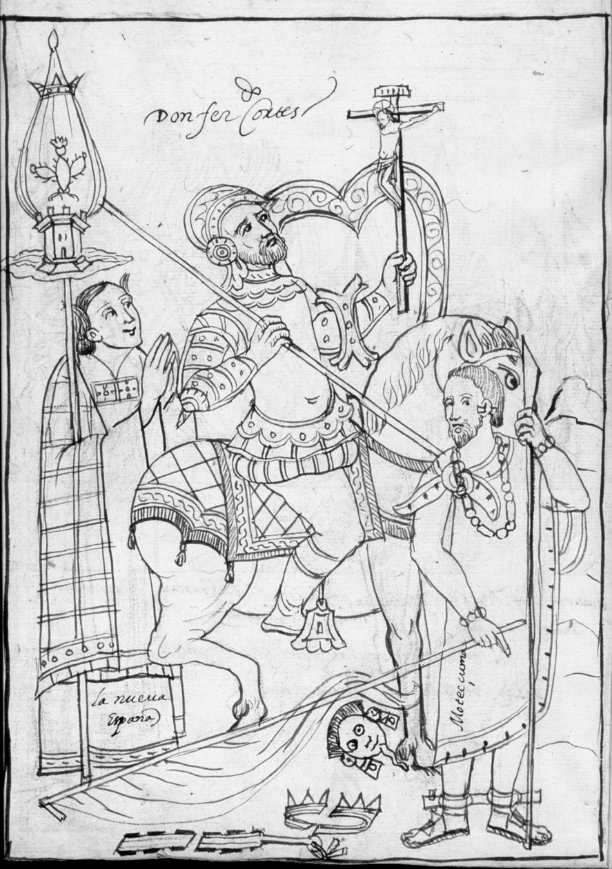 MS Hunter 242 f.246v, Cortes a cavalo, em pé sobre o derrotado rei asteca Moctezuma, ilustração da Historia de Tlaxcala por Diego Munoz Camargo de Mexican School