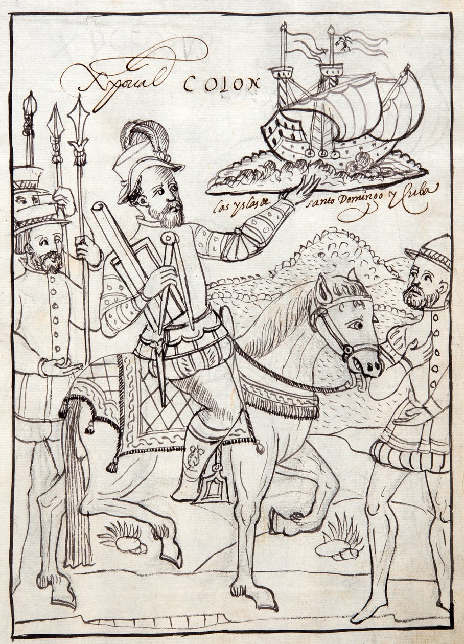 MS Hunter 242 f.247r Cristovão Colombo, ilustração da Historia de Tlaxcala de Diego Muñoz Camargo de Mexican School