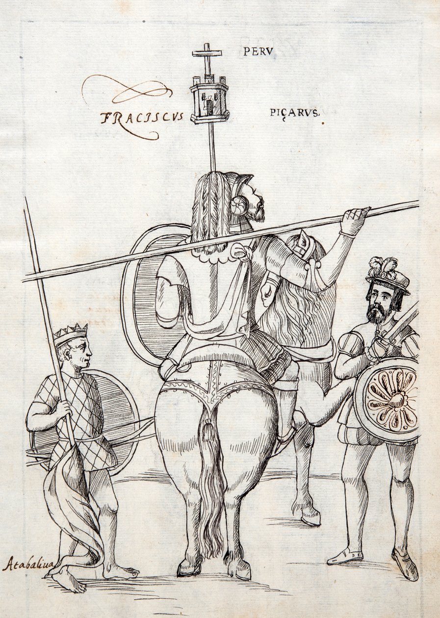 MS Hunter 242 f.248r Picarus, ou Pizarro, e cavalo de guerra, ilustração da Historia de Tlaxcala de Diego Muñoz Camargo de Mexican School