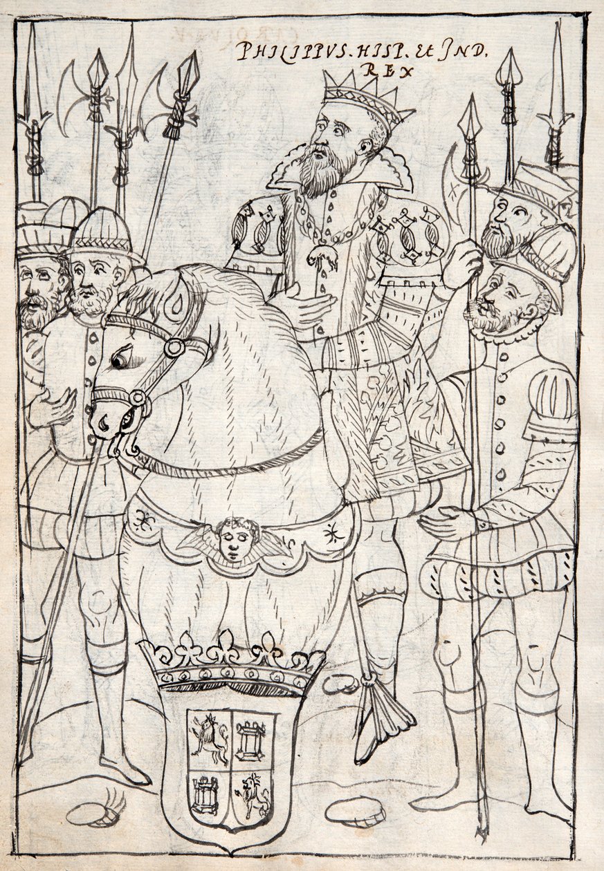 MS Hunter 242 f.249v Philip II sentado a cavalo, usando a ordem do Velocino de Ouro, cercado por homens de armas, ilustração da Historia de Tlaxcala de Diego Munoz Camargo (caneta e tinta) de Mexican School