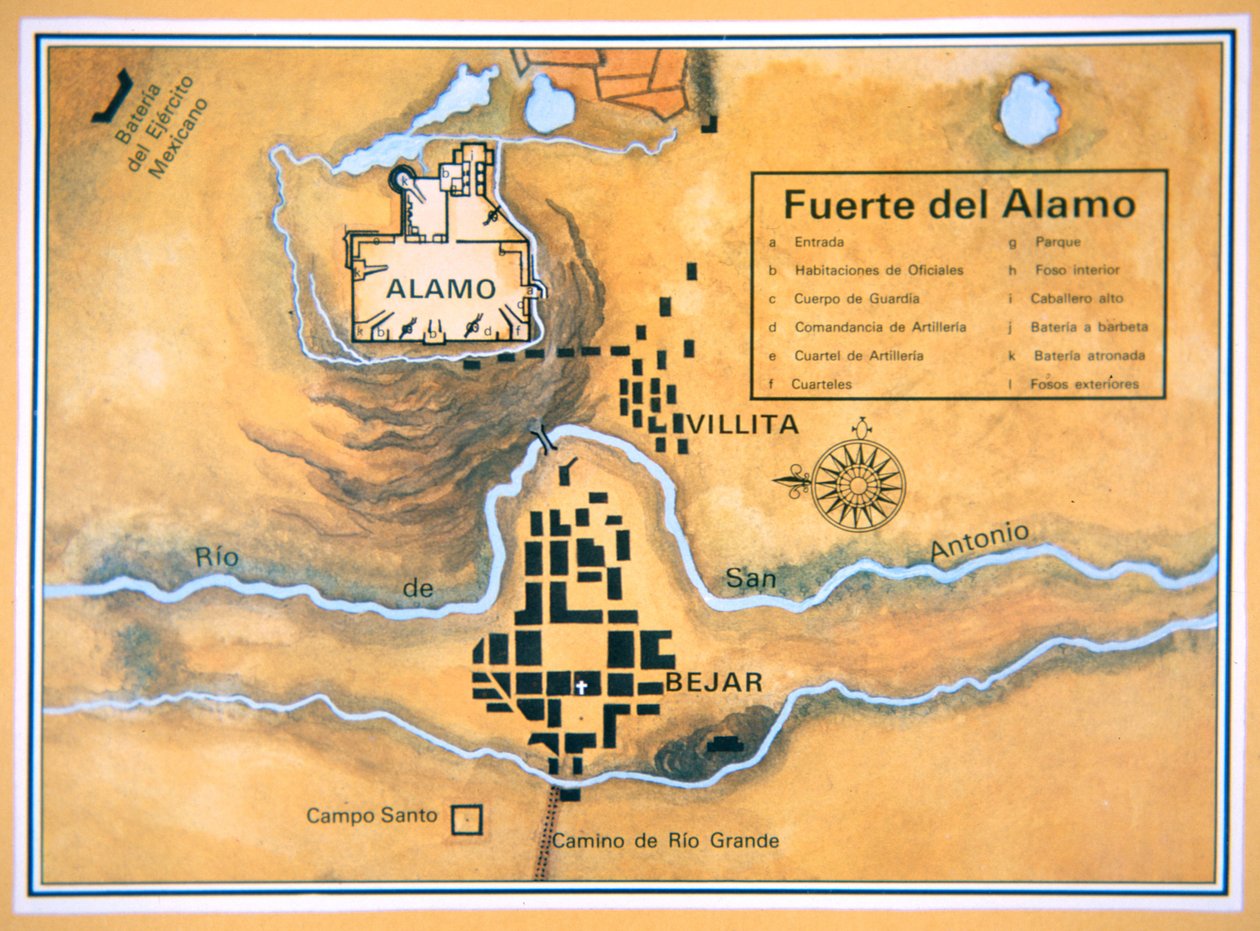 Mapa da área do Álamo em San Antonio com base no mapa original do campo de batalha de Santa Anna de Mexican School