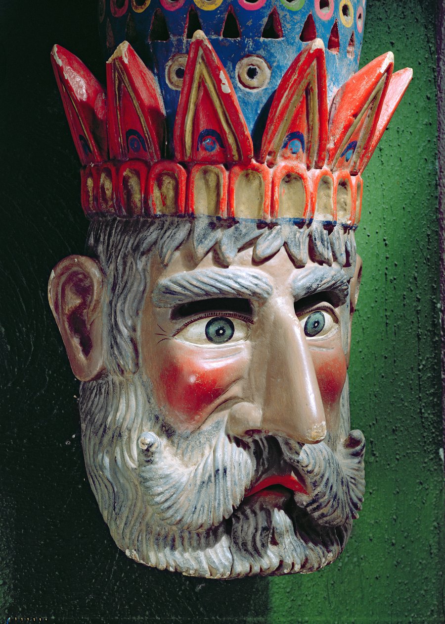 Máscara de um rei mago usado em procissões para celebrar a festa da Epifania no México em 6 de janeiro (madeira pintada) de Mexican School