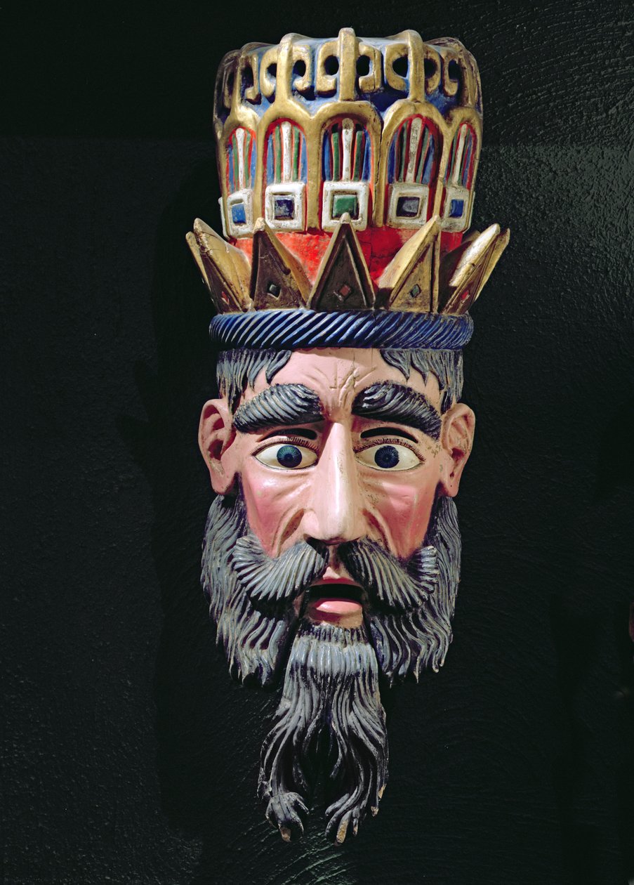 Máscara de um rei mago usado em procissões para celebrar a festa da Epifania no México em 6 de janeiro (madeira pintada) de Mexican School