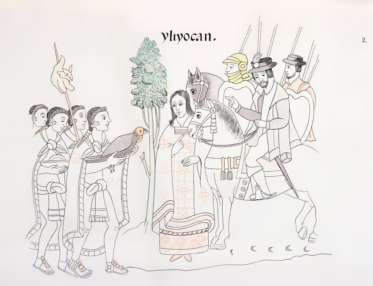 Encontro de Hernando Cortes (1485-1547) e os astecas, ilustração de um fac-símile de uma história do índio mexicano Lienzo de Tlaxcala de c.1550, 1892 de Mexican School