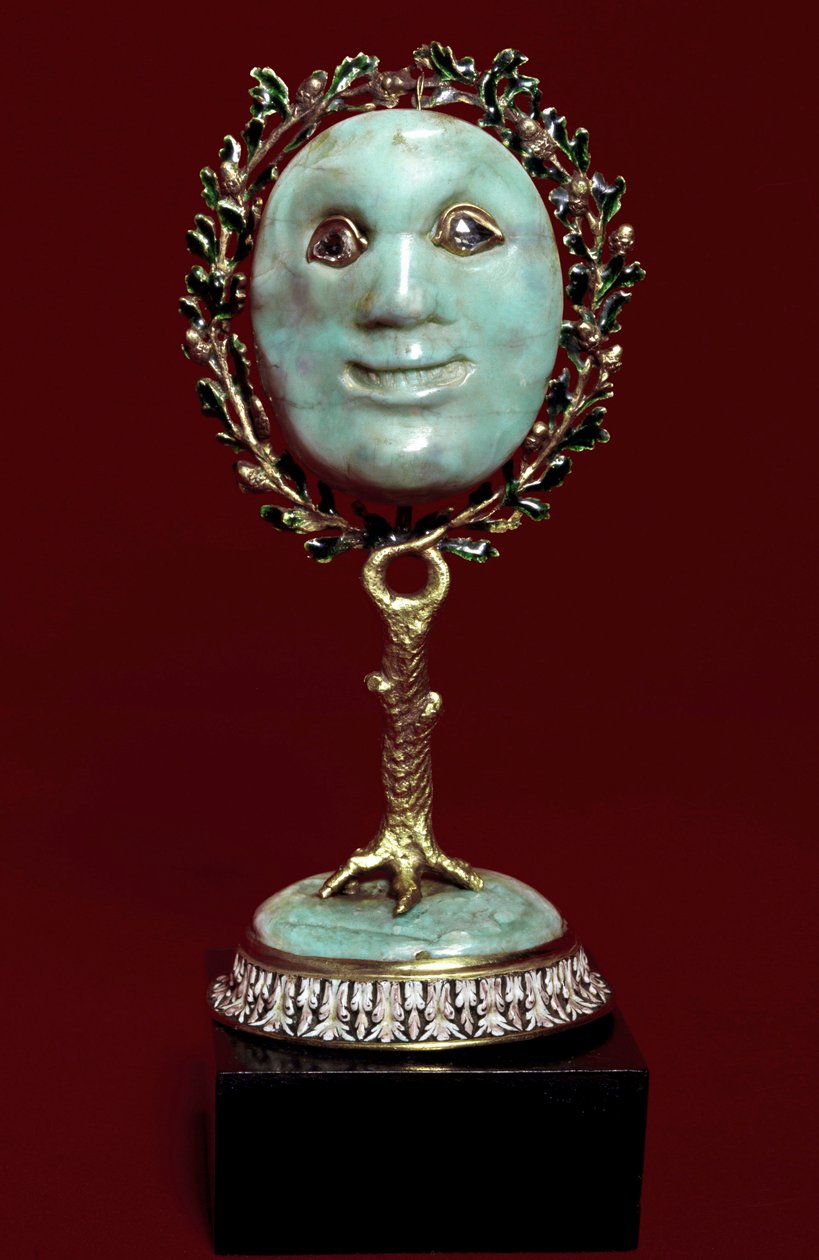 Arte mexicana: máscara facial em pasta azul-turquesa com olhos de diamante. Florença do século XVII, museo degli argenti de Mexican School