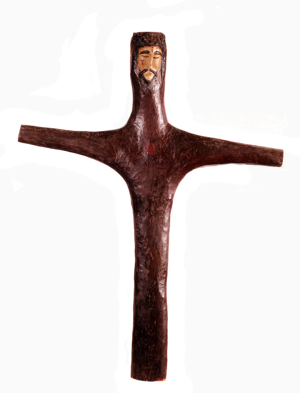 Arte mexicana: cruz de madeira policromada com cabeça de cristo esculpida a partir de uma só peça. Sol do século XVII. 2x1,56 m México. Museu Regional de Michoacan de Mexican School