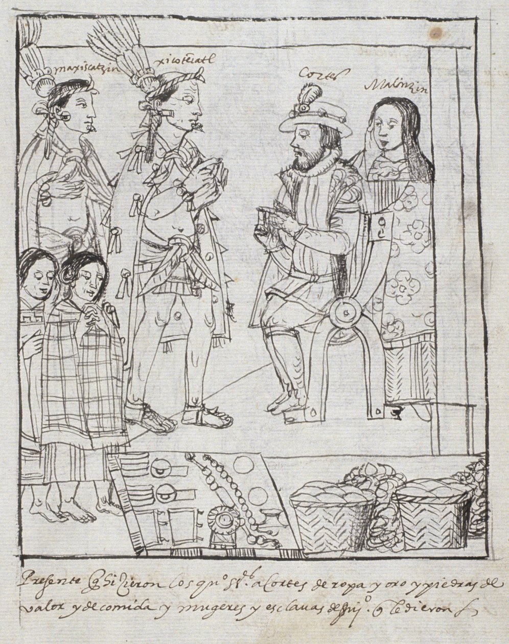 Montezuma encontra-se com Cortez Ms Hunter 242 f.255r Conquista do México, da Historia de Tlaxcala por Diego Munoz Camargo de Mexican School