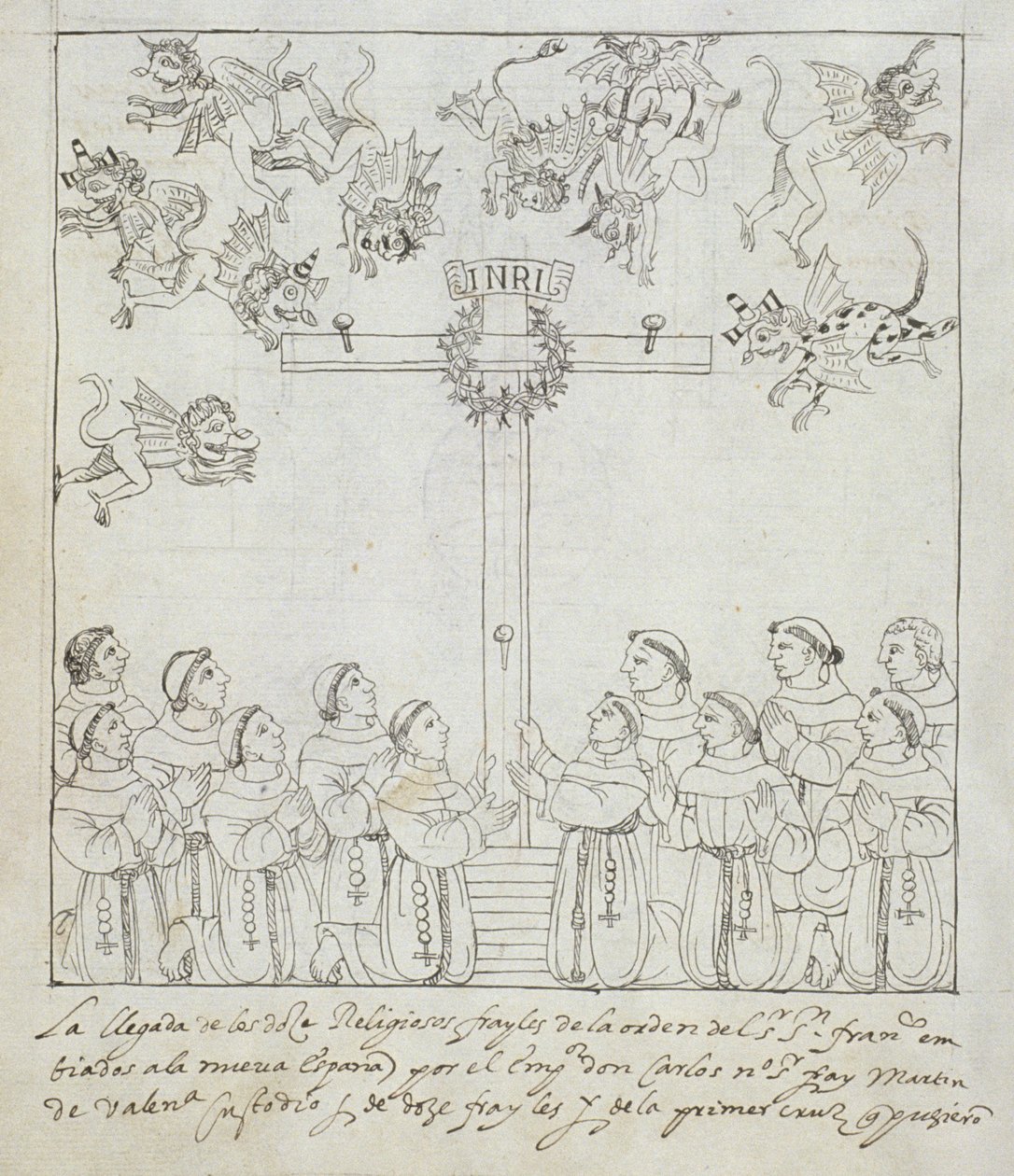 Ms Hunter 242 f.239v A Construção da Primeira Cruz, da Historia de Tlaxcala de Diego Muñoz Camargo de Mexican School