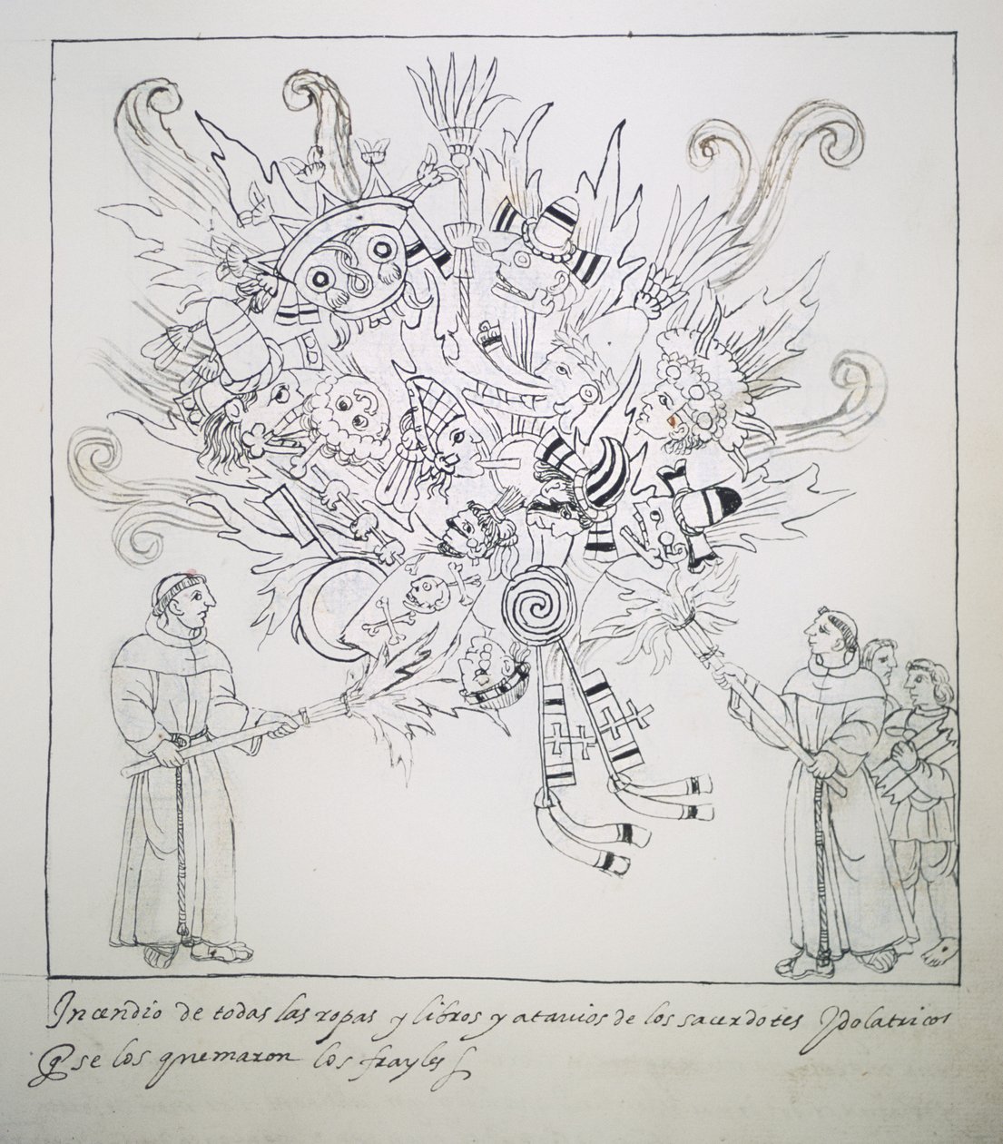 Ms. Hunter 242 f.242r Frades Franciscanos Queimam Livros Tradicionais e Roupas, de Historia de Tlaxcala por Diego Munoz Camargo de Mexican School