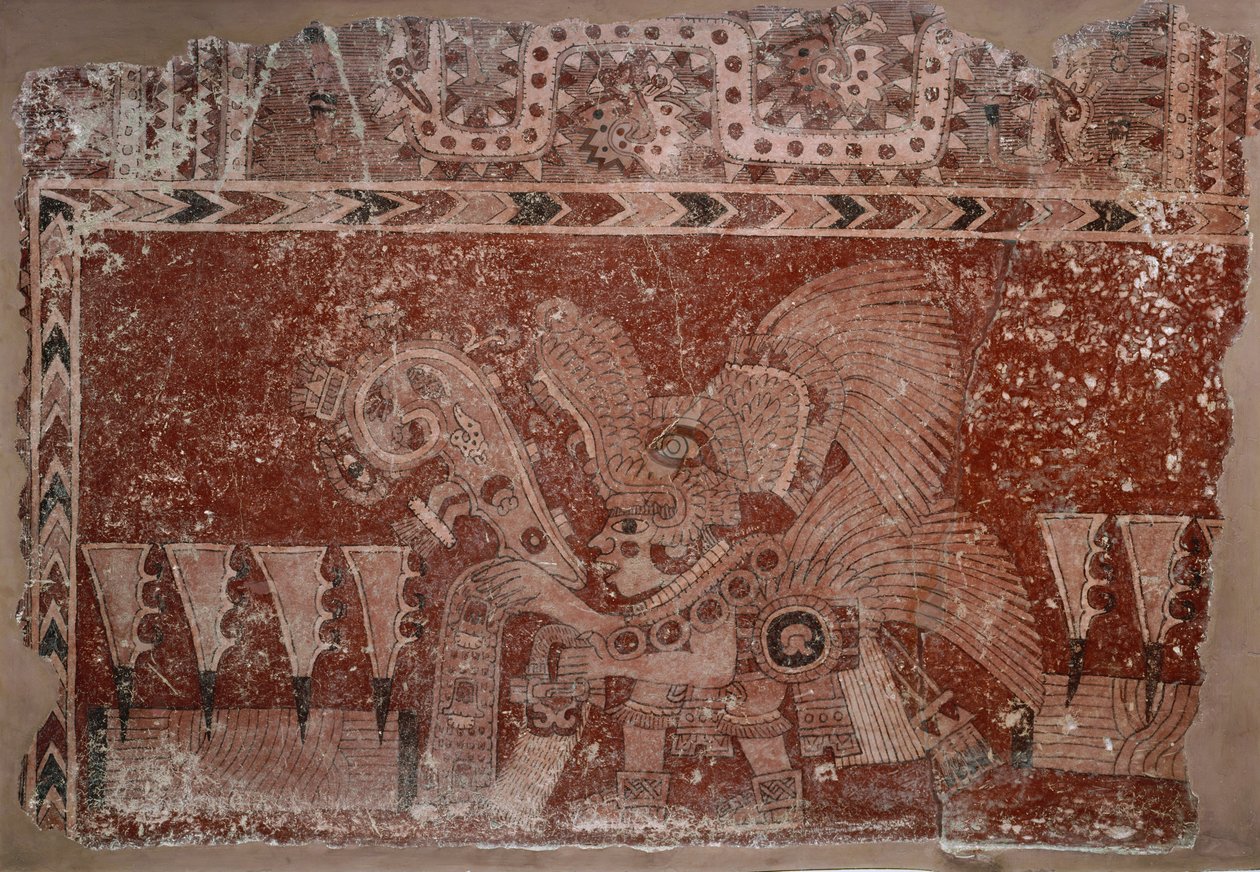 Fragmento mural com folhas Elite macho e cacto Maguey, estilo Teotihuacán, período clássico, 500-550 de Mexican School