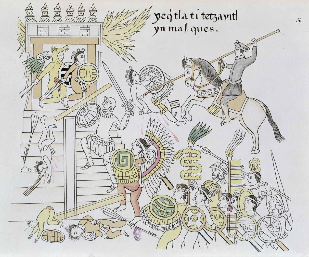 A queimadura dos ídolos por Hernan Cortes, ilustração de um fac-símile de uma história de imagem indiana mexicana Lienzo de Tlaxcala de c.1550, 1892 (gravura a cores) de Mexican School