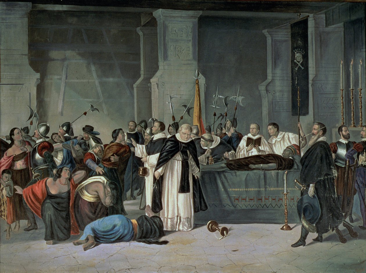 O Funeral do Inca Atahualpa na cidade de Cajamarca assistido por Francisco Pizarro (c.1475-1541) (óleo sobre tela) de Mexican School