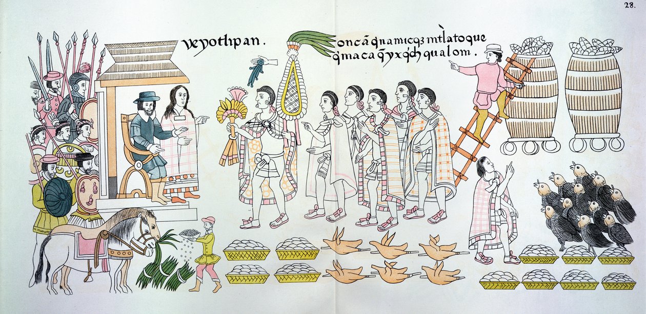 O cacique de Tlaxcalan, Maxixcatzin, apresenta um buquê de rosas e outros presentes a Hernando Cortes (1485-1547) como sinais de boas-vindas, ilustração de um fac-símile de uma história da imagem do índio mexicano. de Mexican School