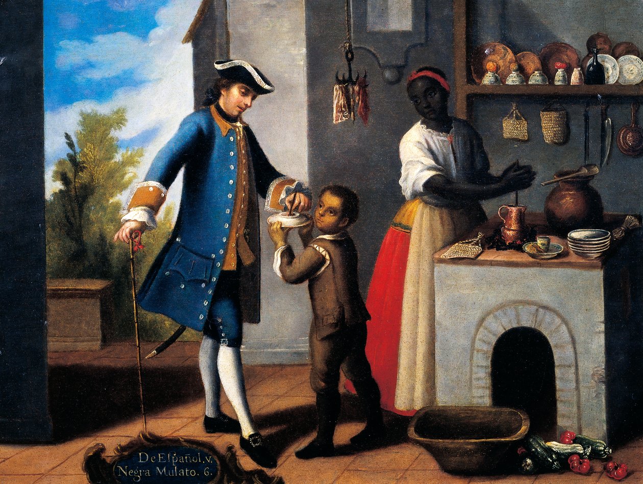 Homem branco espanhol, mulher negra e filho mestiço (mulato), Pintura sobre o tema da miscigenação de Mexican School