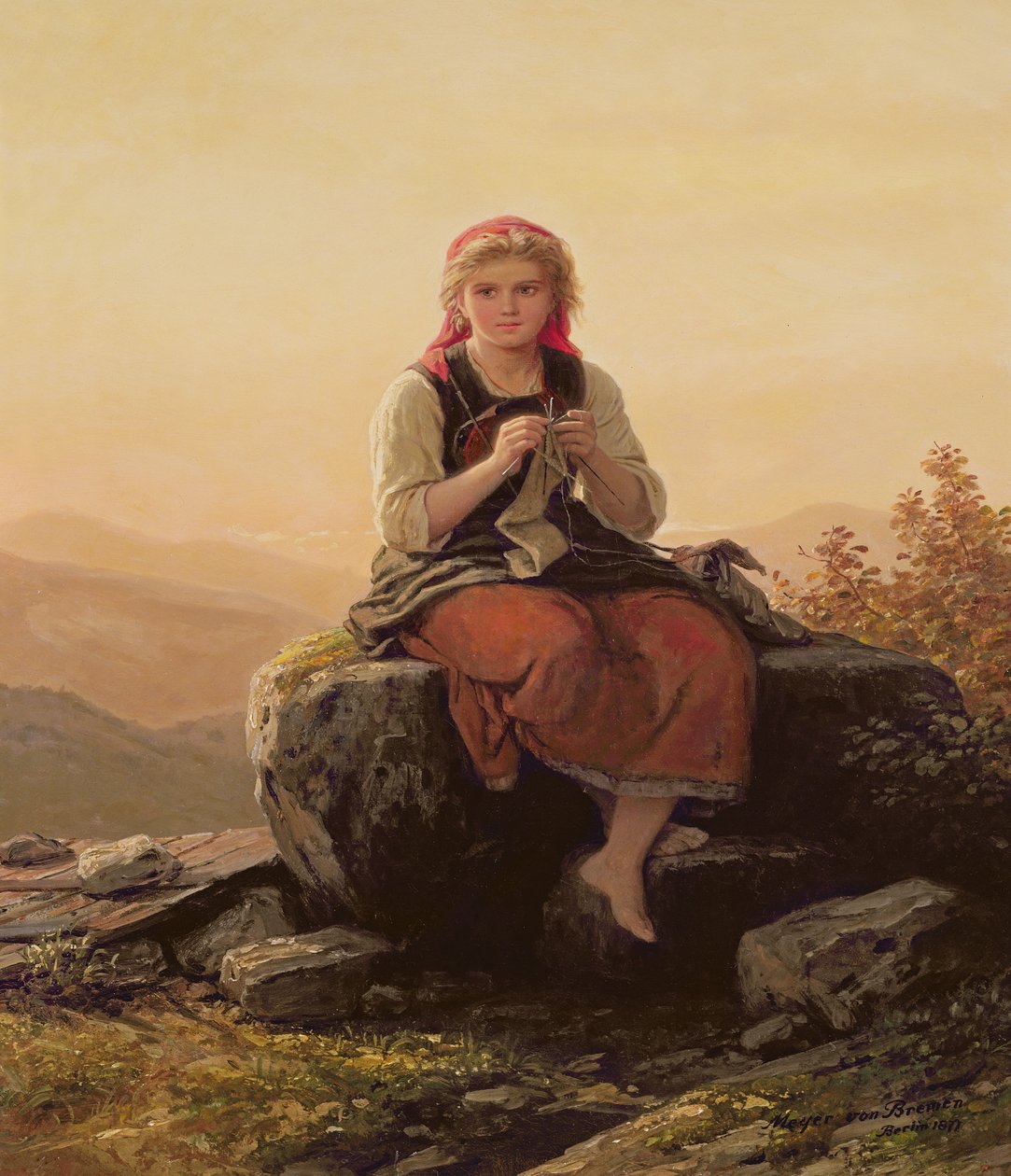 Menina jovem, tricotando, 19o século de Johann Georg Meyer von Bremen