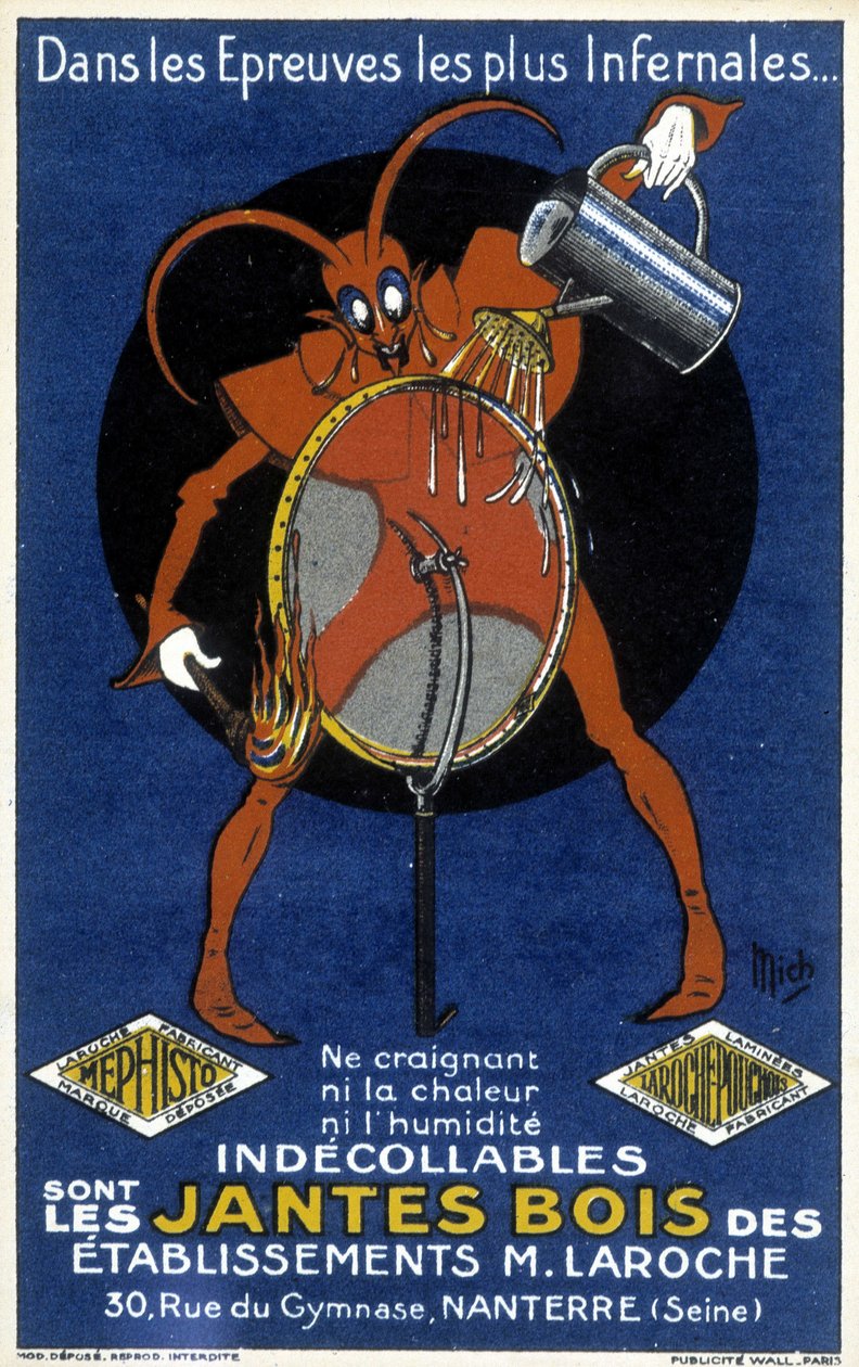 Diabo vermelho na frente de uma roda de bicicleta ilustrando um anúncio para as jantes de madeira dos estabelecimentos de Laroche (Nanterre) (gravura) de Mich