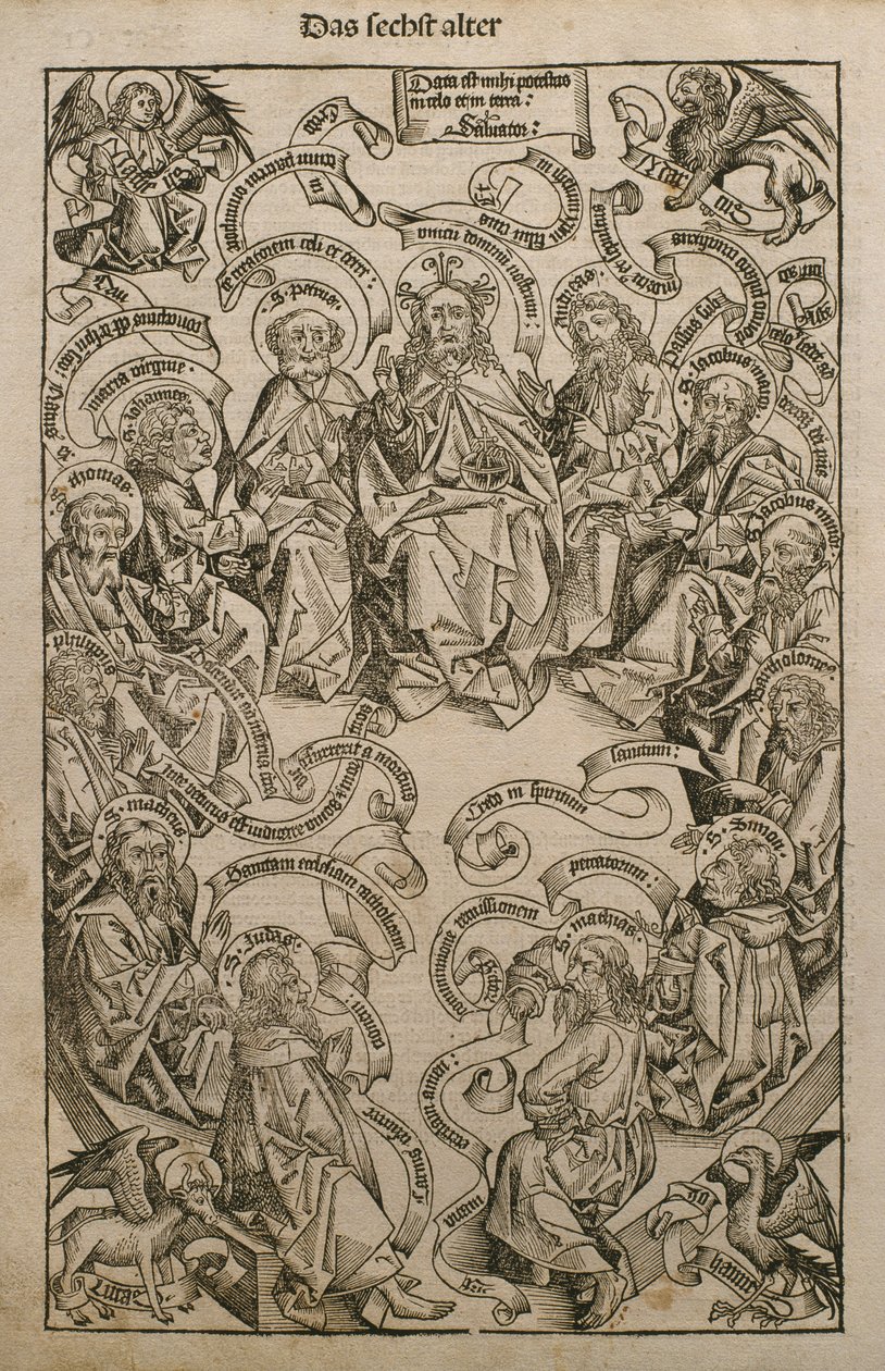 Deus em glória com santos, ilustração do &39;Liber Chronicarum&39; de Hartmann Schedel (1440-1514), publicado em Nuremberg, 1493 de Michael and Pleydenwurff, W. Wolgemuth