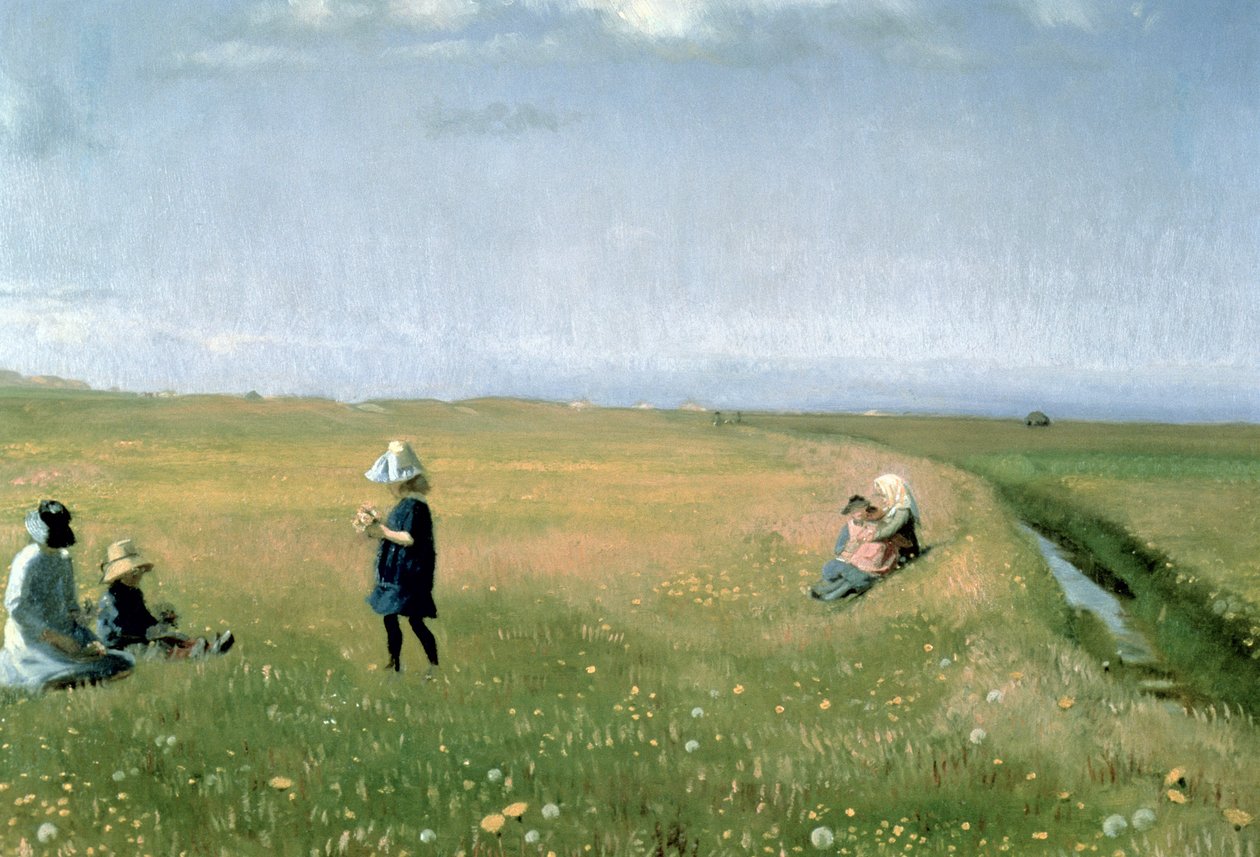 Crianças e jovens meninas colhendo flores em um prado ao norte de Skagen de Michael Peter Ancher