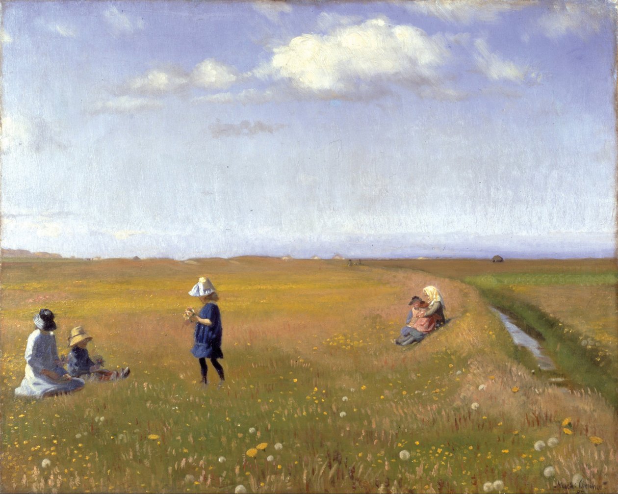 Crianças e jovens garotas colhendo flores em um campo ao norte de Skagen de Michael Peter Ancher