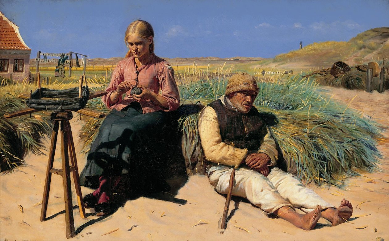 Figuras em uma paisagem. Kristian e Tina cegos entre as dunas de Michael Peter Ancher