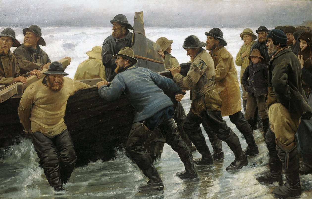 Pescadores, lançando, um, barco remando de Michael Peter Ancher