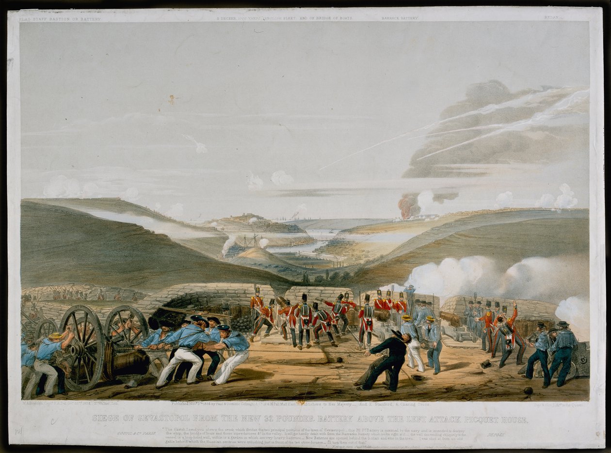 Cerco a Sevastopol da Bateria de 32 Libras acima do Ataque à Esquerda Picquet House, gravado por Walker, publicado em 1854 de Michael Biddulph