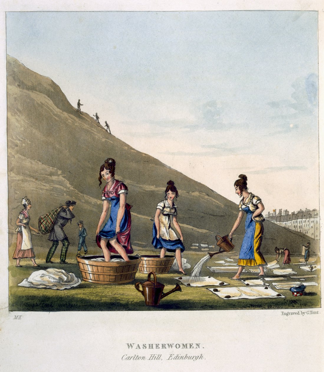 Lavadeiras, Calton Hill, Edimburgo, de "Airy Nothings", ou "scraps and naughts" e "short-cum-shorts", em um salto circumbendibus, passo e salto, de Olio Rigmaroll, gravado por George Hunt, publicado em 1825 de Michael Egerton