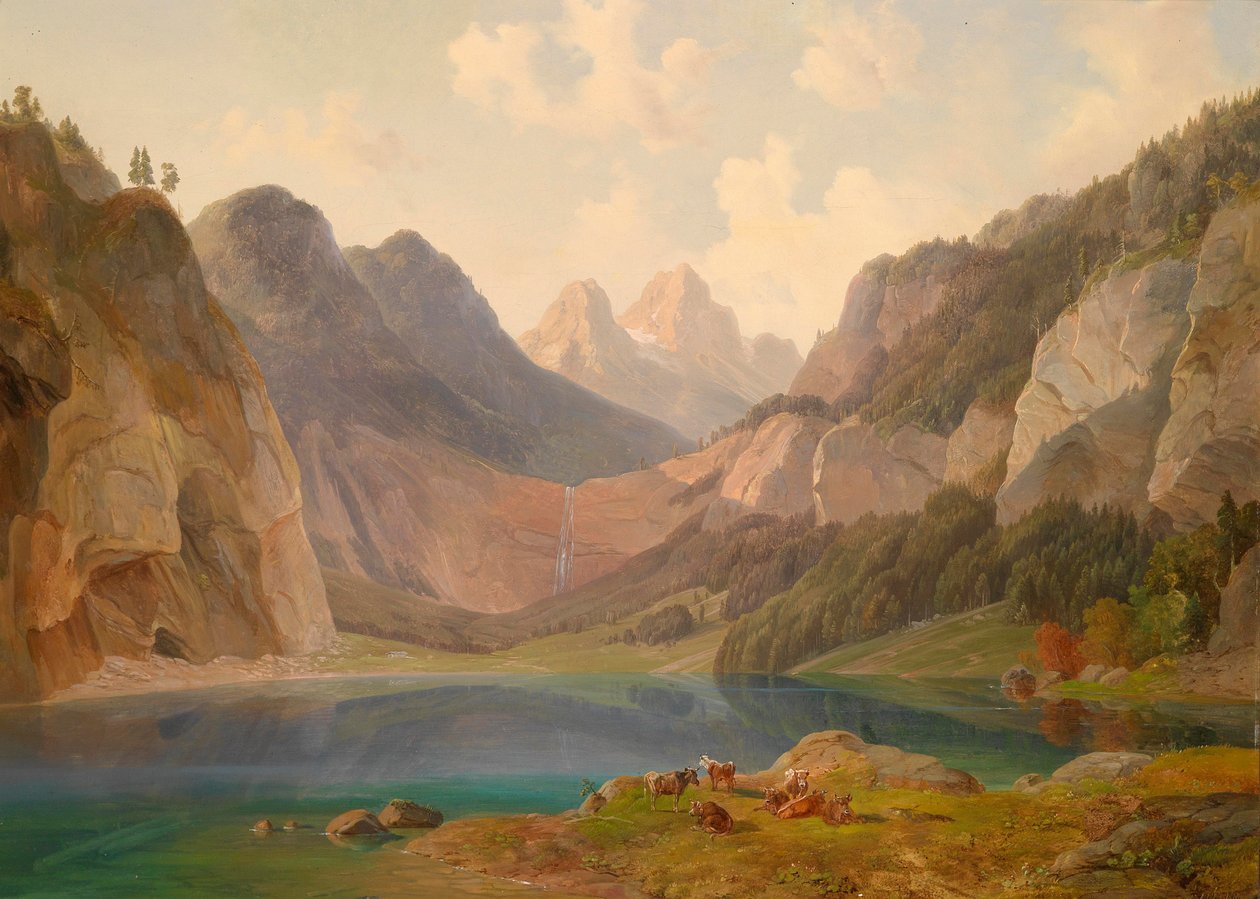 Paisagem de montanha com rebanho animal a descansar em primeiro plano de Michael Lueger