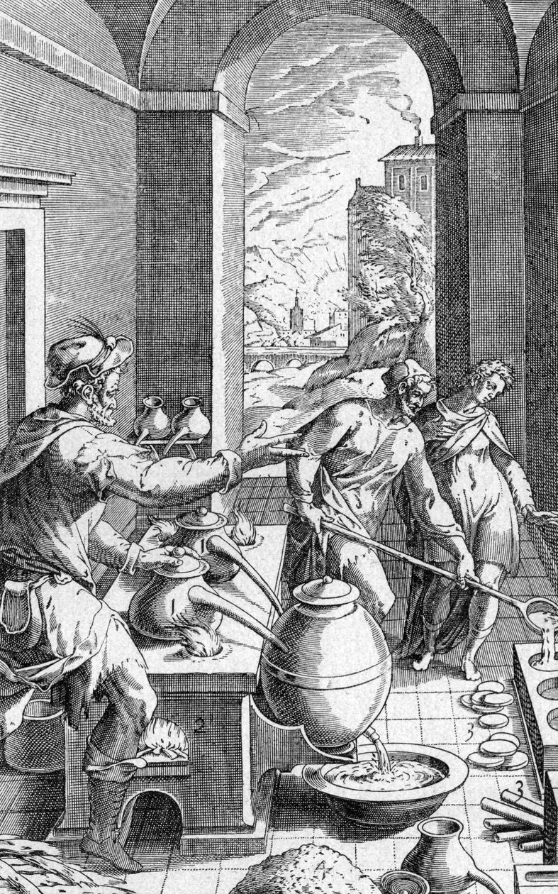 Um alquimista em sua oficina, gravura de Metallotheca por Michele Mercati (1541-1593) pub. 1719 de Michael Mercator