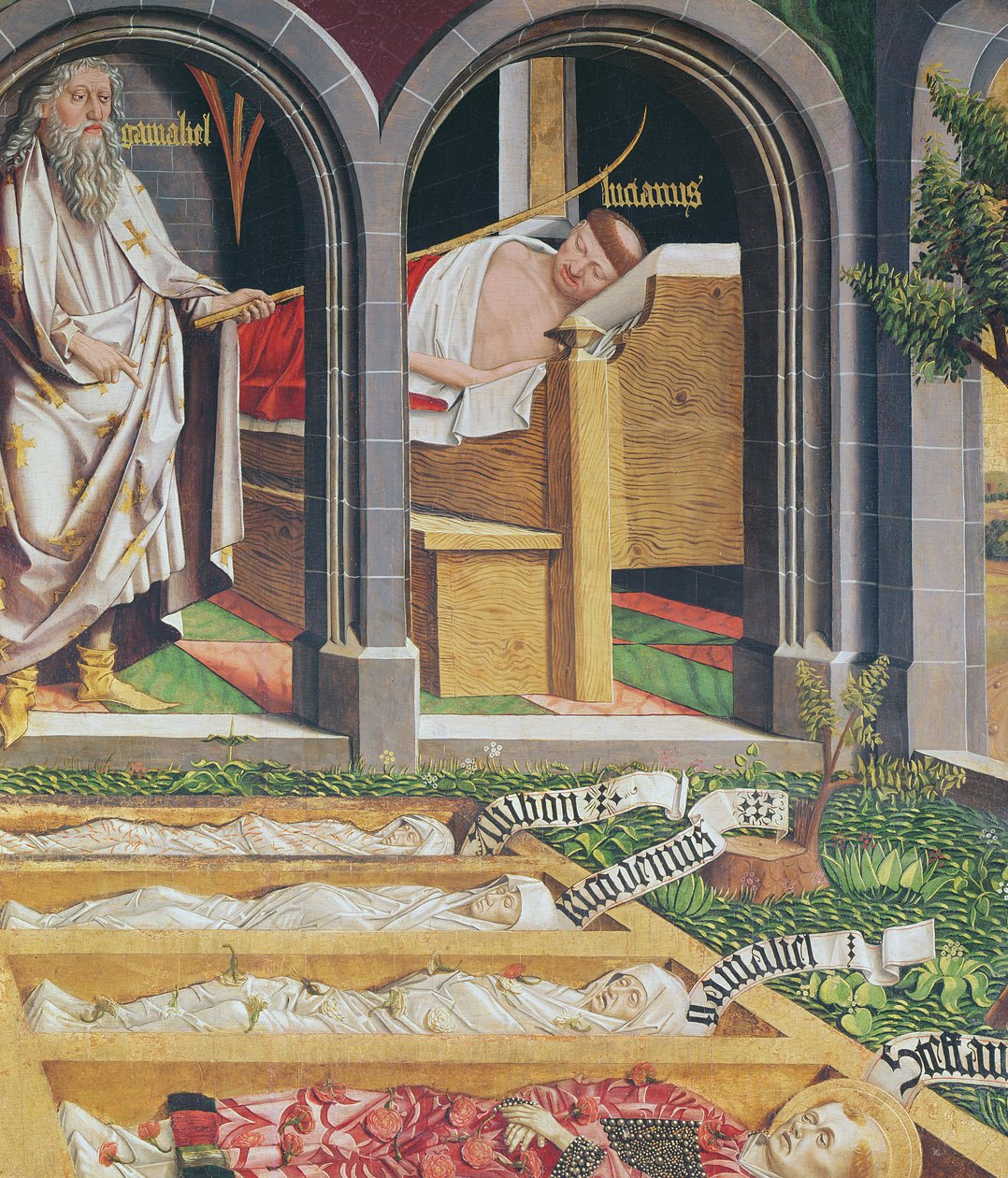 A Aparição de Gamaliel ao Sacerdote, Lucien, do Retábulo de Santo Estevão, c.1470 de Michael Pacher