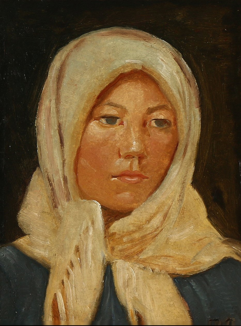 Jovem mulher de Skagen, vestindo um lenço. de Michael Peter Ancher