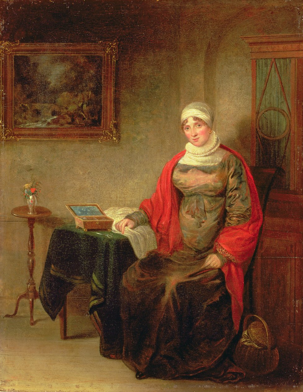 Retrato da Sra. John Crome Sentado à Mesa por uma Caixa de Trabalho Aberta de Michael William Sharp