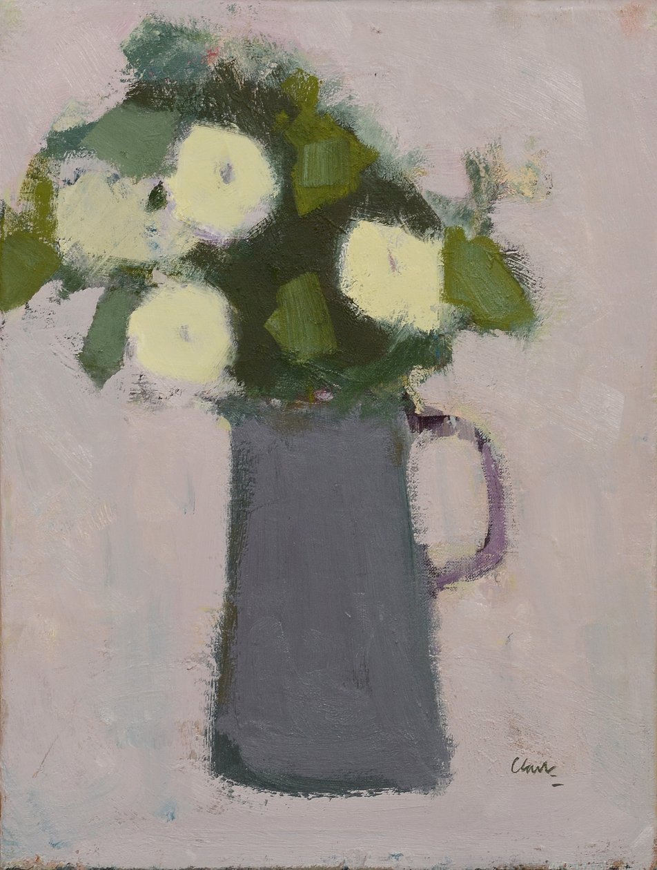 Flores brancas, jarro cinzento, 2017 (óleo sobre linho) de Michael (BACS) Clark