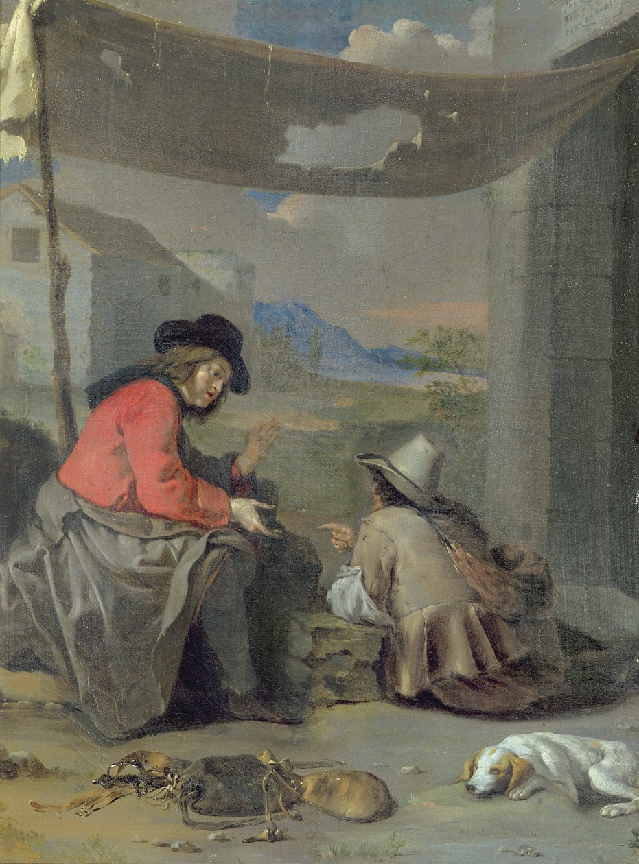 Duas figuras sentadas com um cachorro (óleo a bordo) de Michael (attr. to) Sweerts