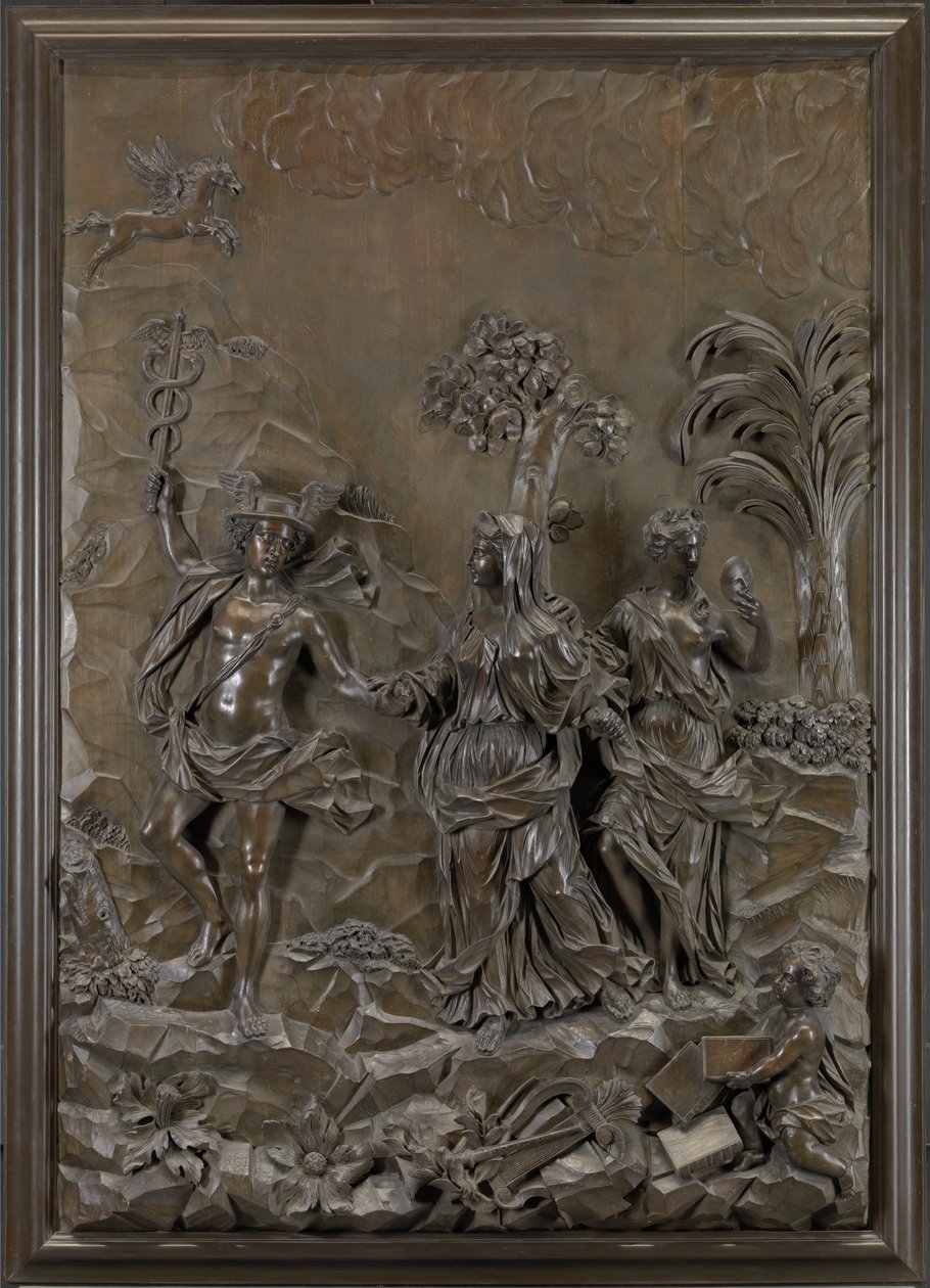 Os relevos de Stowe: Mercúrio conduzindo poesia trágica e cômica para a colina de Parnaso, c.1740 (lenha bronzeada) de Michael (attr.to) Chuke