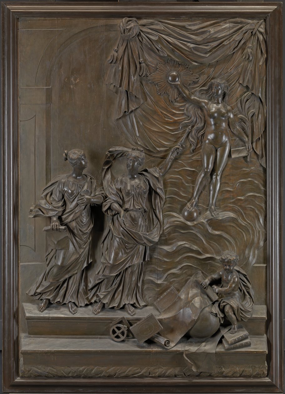Os relevos de Stowe: possivelmente a verdade revelando-se às artes liberais, c.1715 (madeira de lima bronzeada) de Michael (attr.to) Chuke