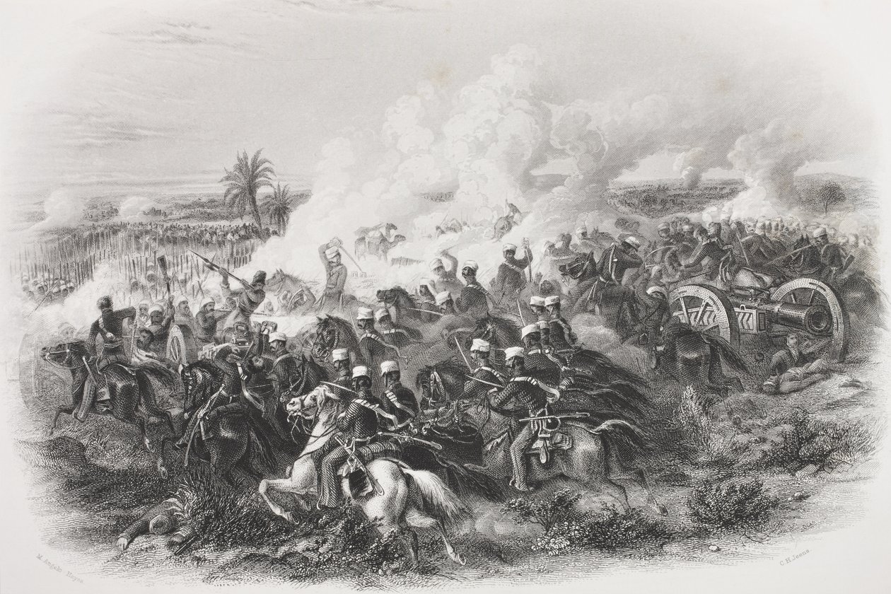 A Batalha de Moodkee, 1845, gravada por CH Jeens, da &39;Galeria de Retratos Históricos&39;, publicada em 1880 de Michael Angelo Hayes