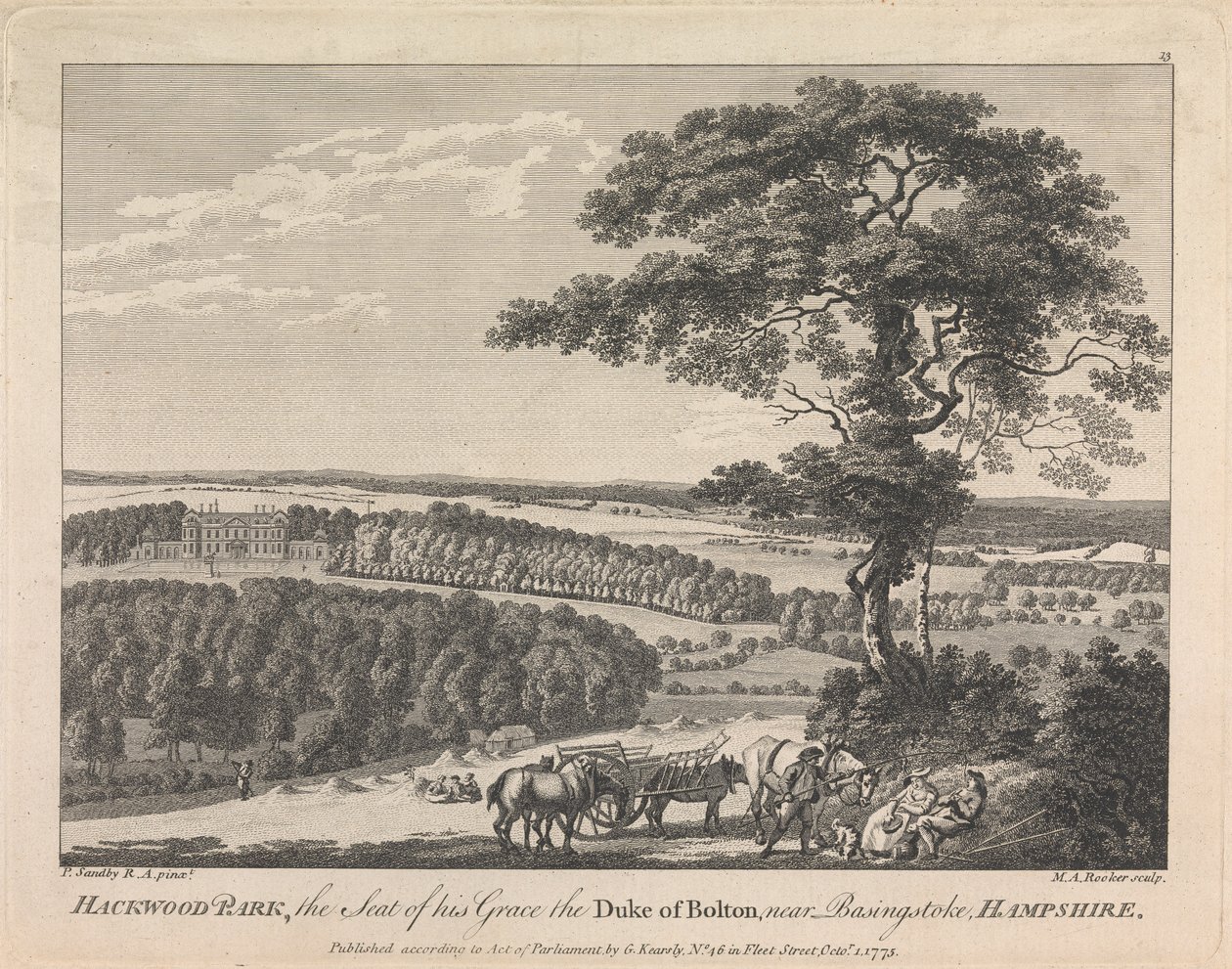 Hackwood Park, a Sede da sua Graça o Duque de Bolton perto de Basingstoke, Hampshire (publicado por G. Kearsly); página 19 (Volume Dois) de Michael Angelo Rooker