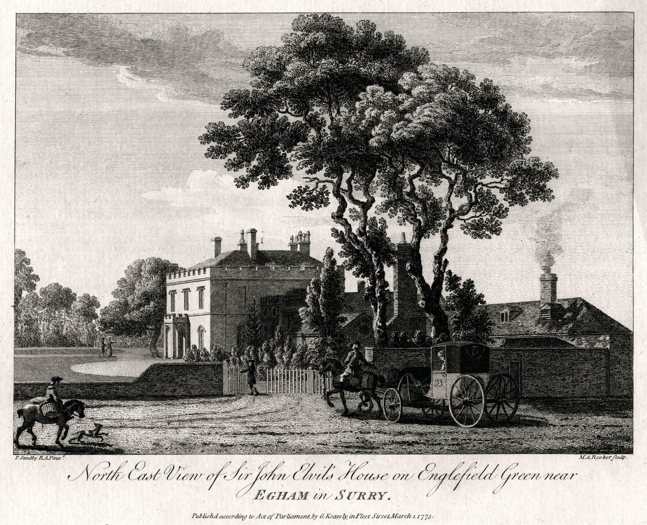 Vista nordeste da casa de Sir John Elvils em Englefield Green, perto de Egham em Surry, 1775 de Michael Angelo Rooker